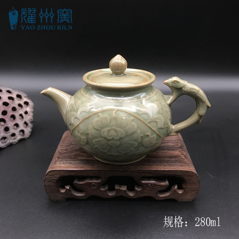 耀州窑仿古牡丹壶纯手工单人家用侧把壶精品茶壶功夫茶具泡茶壶