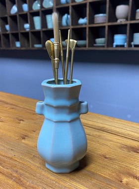 原产地汝瓷八方贯耳瓶仿古釉陶瓷投壶创意插花瓶花道工艺装饰摆件