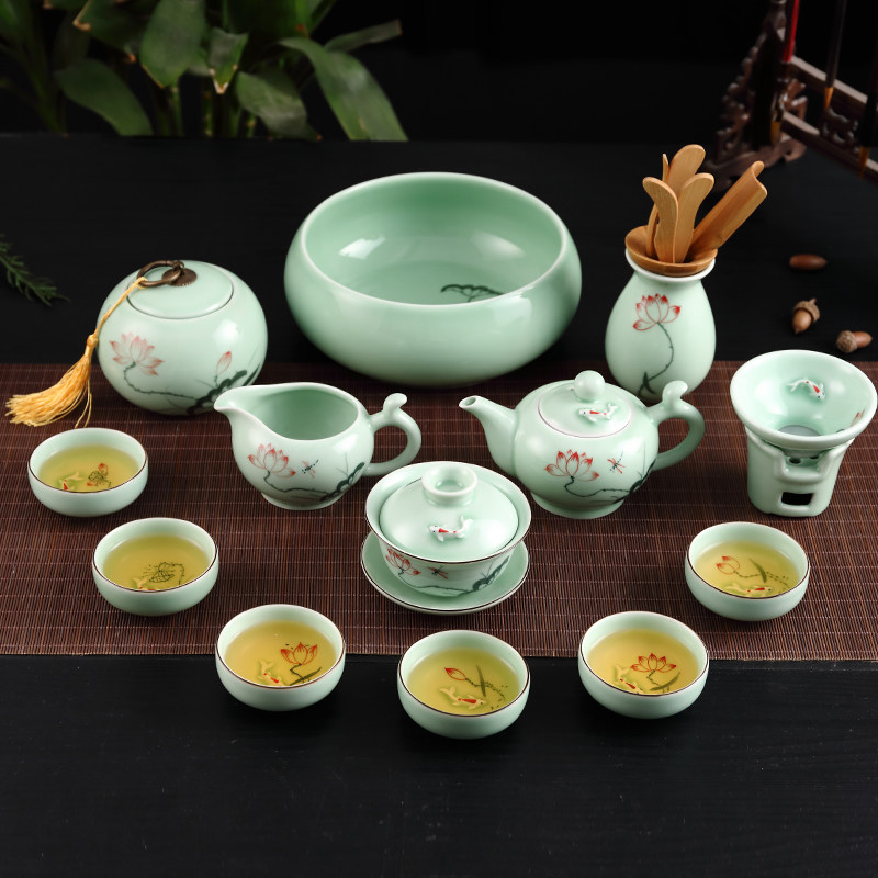 青瓷鲤鱼茶具套装茶杯手绘荷花金鱼茶壶功夫茶具陶瓷茶漏公道盖碗