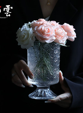 海棠花开 人间春色早中古玻璃花瓶高台花器 国潮style插花花盆