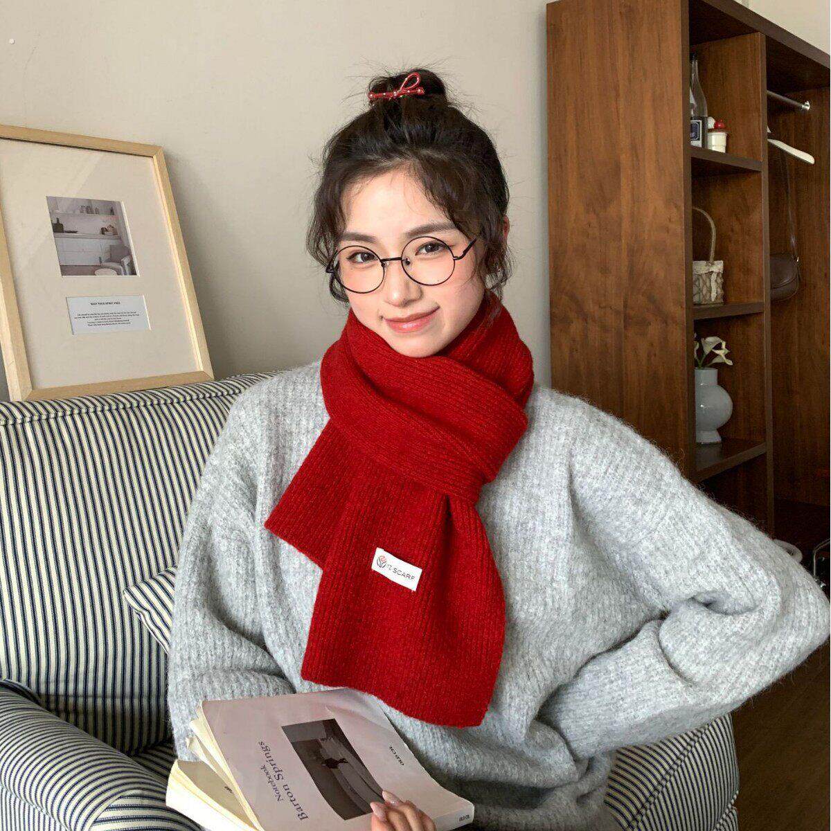 韩系安可拉红~纯色围巾女 冬季氛围感新年红色针织毛线高级感围脖