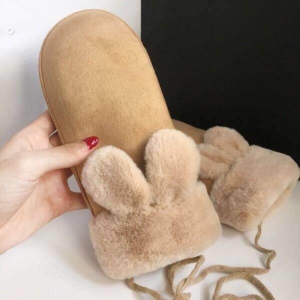 手套冬季女士韩版可爱麂皮绒连指挂脖学生骑车加绒加厚保暖棉手套