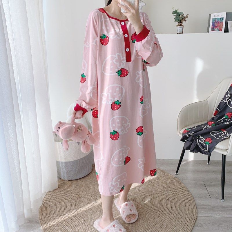 针织棉加长草莓睡裙长袖加肥大码200斤胖MM孕妇宽松连衣裙睡衣女