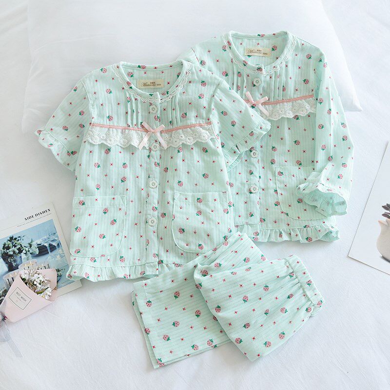 米筱米女童空调服睡衣春夏薄纯棉纱布全棉亲子家居服三件套防蚊