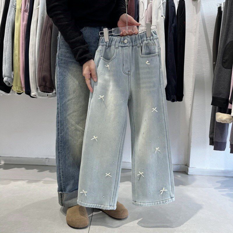 女童直筒加绒牛仔裤中大童休闲长裤子阔腿裤一体绒冬儿童百搭加厚