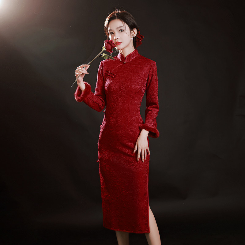 敬酒服旗袍新中式冬季加绒加厚年轻款蕾丝订婚新娘结婚礼服女红色