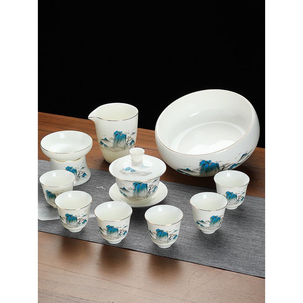 羊脂玉白瓷功夫茶具套装茶杯家用高颜值客厅中式盖碗茶碗陶瓷泡茶