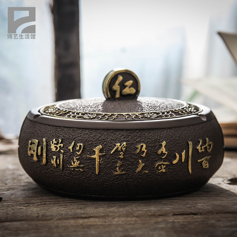 创意个性时尚烟灰缸复古烟盅树脂带盖烟灰缸大号客厅家用装饰摆件