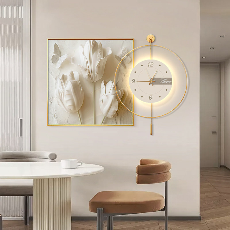 奶油风餐厅装饰画餐桌背景墙钟表组合挂画抽象花卉创意挂钟壁画,家居饰品,现代装饰画,淘宝优惠券,粉丝福利购,淘宝优惠卷
