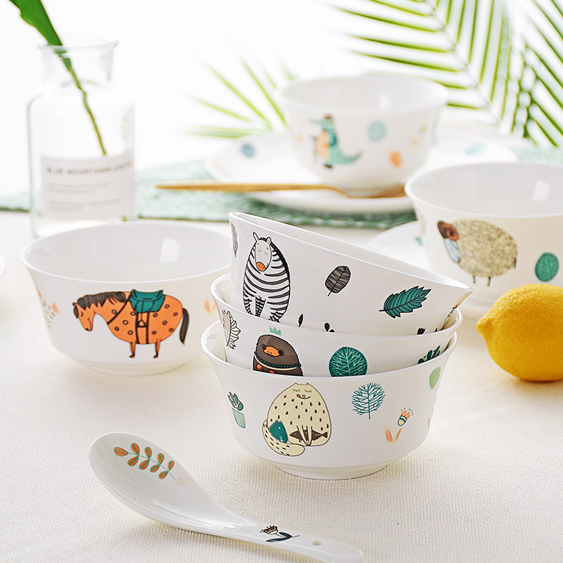 可爱卡通碗4个/6个骨瓷米饭碗餐具5英寸碗儿童餐具陶瓷碗套装面碗,餐饮具,碗,淘宝优惠券,粉丝福利购,淘宝优惠卷