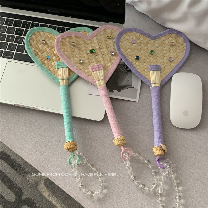 微风拂面~桃心串珠挂坠扇子 夏季手工编织少女心彩钻宝石麦秆扇