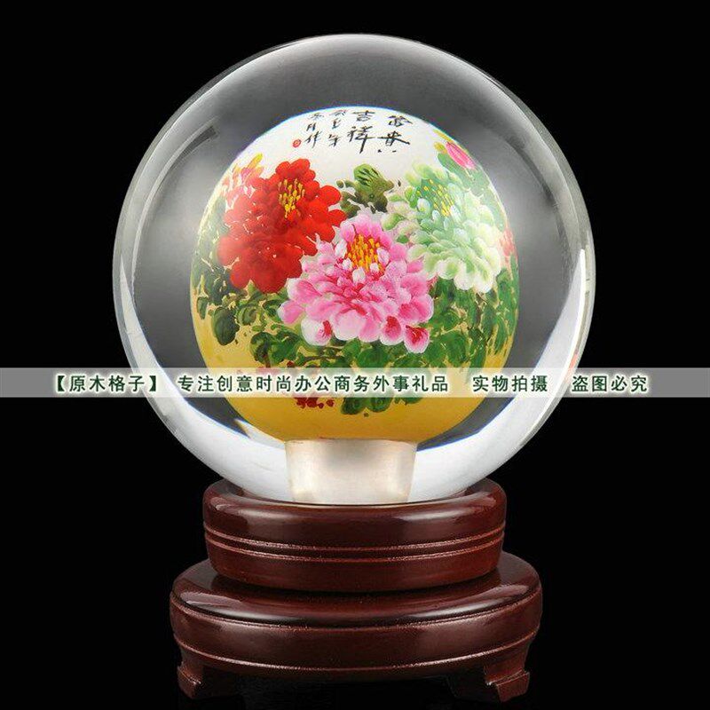 精品水晶球内画牡丹花开富贵礼品工艺品传统工艺办公摆件书房装饰