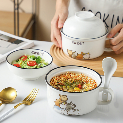 创意陶瓷泡面碗带盖汤碗可爱面杯大容量饭碗餐具学生宿舍面碗饭盒