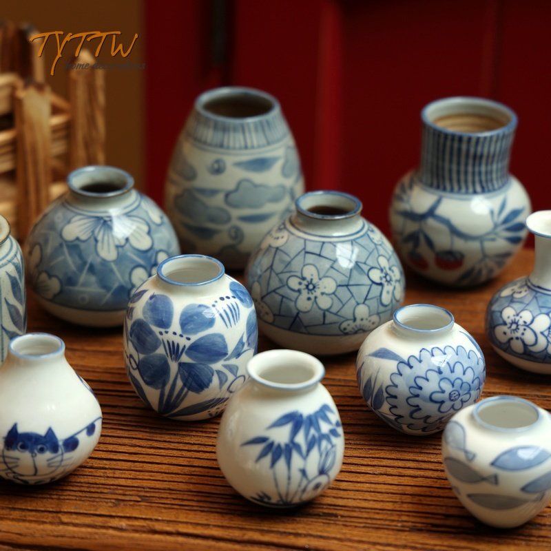 中式复古粗陶小花瓶迷你摆件创意青花瓷手绘陶瓷花瓶插花水培,家居饰品,花瓶,淘宝优惠券,粉丝福利购,淘宝优惠卷