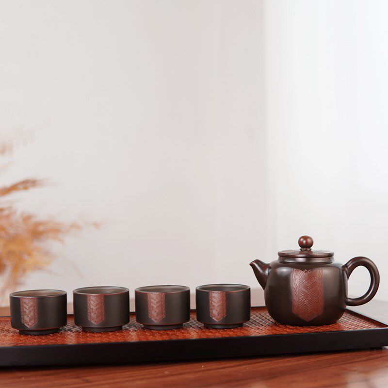 壮锦木兰壶套装 约250cc 广西坭兴陶茶具一壶四杯套装