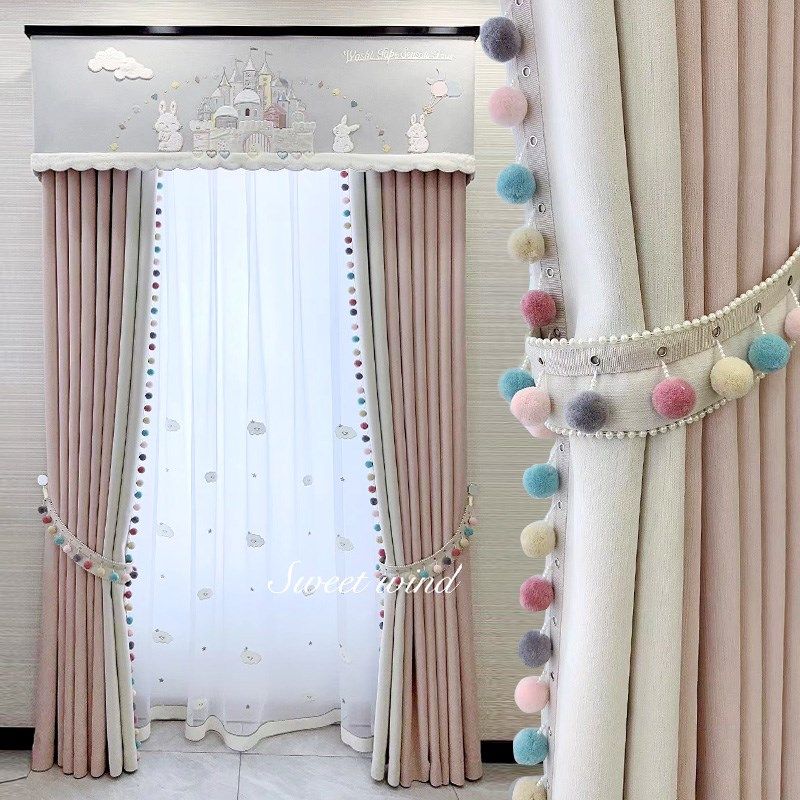 儿童房窗帘女孩卧室2024年粉色毛球飘窗卡通全遮光女童房间安娜兔,居家布艺,定制窗帘,淘宝优惠券,粉丝福利购,淘宝优惠卷