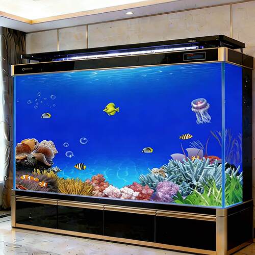 鱼缸背景纸高清立体壁纸水族箱壁画造景装饰3D海底水母贴纸静电自