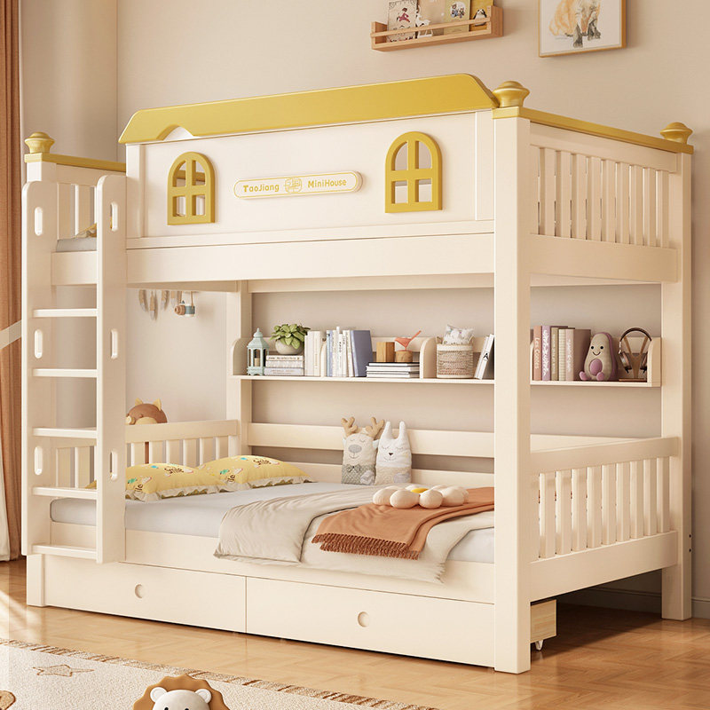 奶油风上下铺双层子母床小户型儿童姐弟上下两层全实木高低双人床
