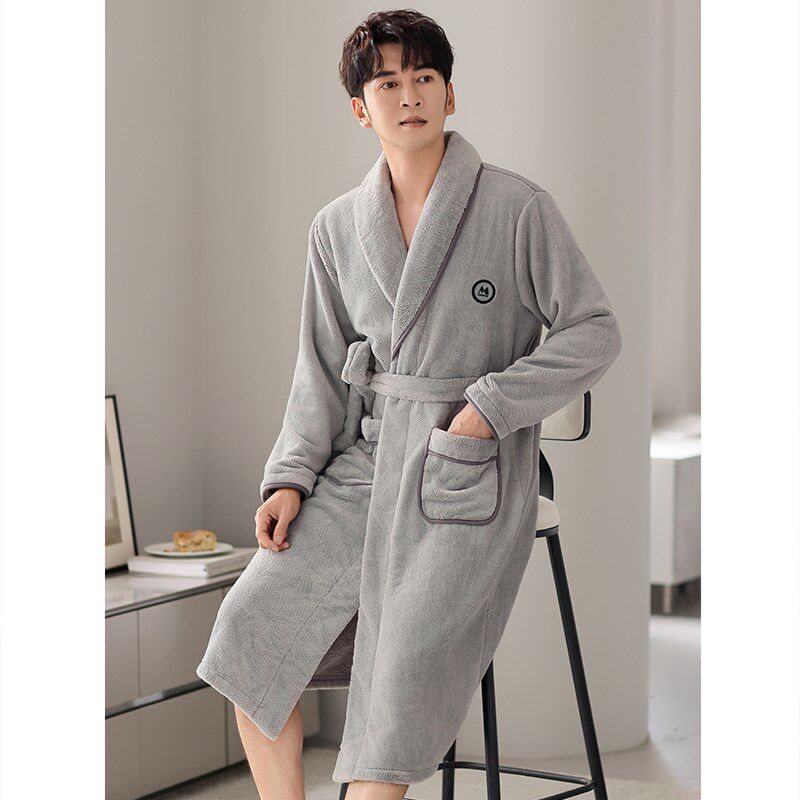 睡袍男士睡衣冬季珊瑚绒加厚加绒男款秋冬款法兰绒长款浴袍家居服