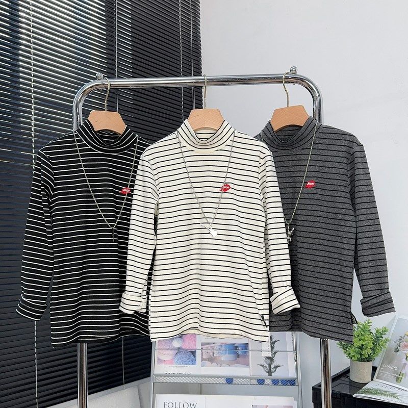 男童条纹打底衫2024秋冬中大童半高领长袖T恤儿童保暖衣女孩上衣