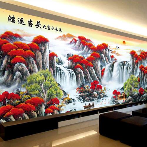 鸿运当头十字绣2020新款线绣客厅大幅山水画流水生财自己绣手工