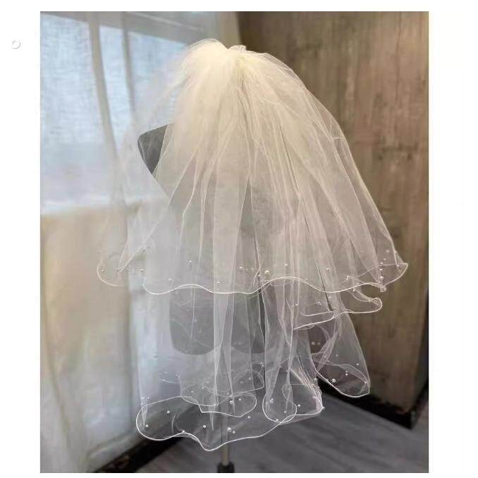 超仙森系双层卷边钉珠超蓬发梳头纱 新款新娘结婚拍照婚纱头纱