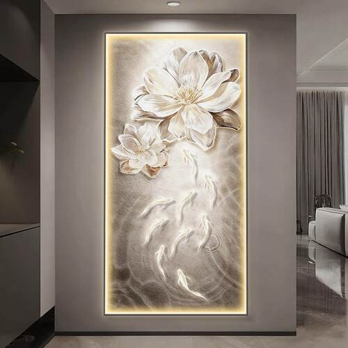 现代轻奢玄关装饰画九鱼莲花图过道走廊挂画入户正对门砂岩壁灯画