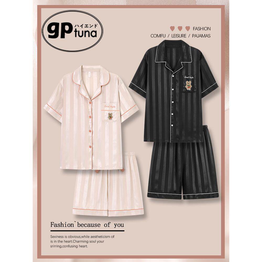 gptuna冰丝情侣睡衣夏季一男一女套装薄款短袖长裤家居服丝绸夏款