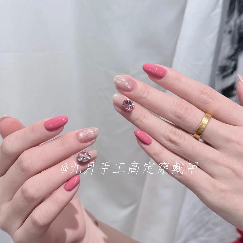 穿戴甲手工定制短款江坂丽奈粉色闪钻猫眼纯欲温柔显白成品美甲贴