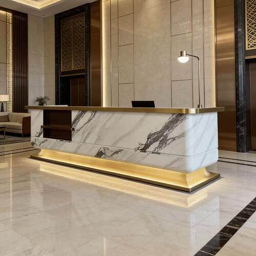 现代简约大理石纹理收银台商用办公前台接待台白色方形带灯
