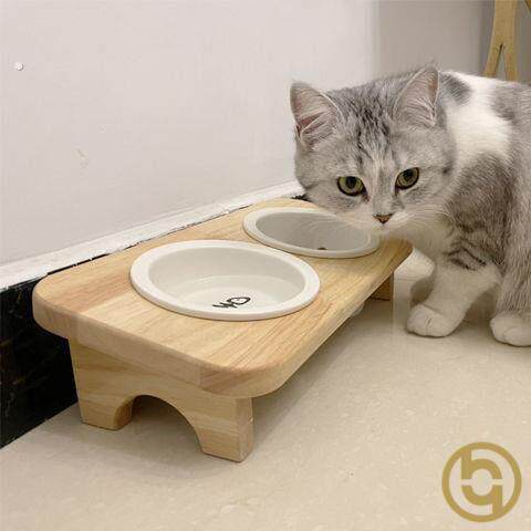 猫碗陶瓷保护颈椎防打翻猫粮碗猫盆猫咪食盆水碗双碗猫饭碗架实木
