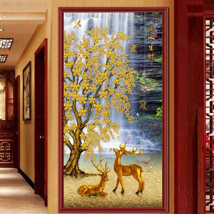 满钻钻石画十字绣发财流水生财发财鹿竖版客厅玄关风景山水画钻绣