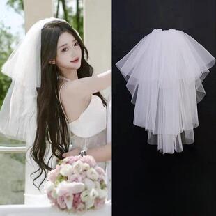 新款高级感头纱登记道具素头饰结婚拍照求婚领证简约婚纱白色蓬蓬