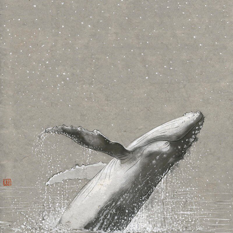 薛继业水墨高精版画画心无框蓝鲸桃花坞睡猫心经