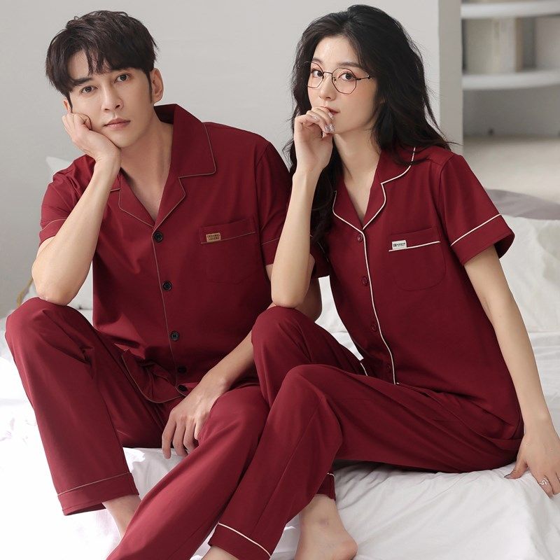 情侣睡衣女夏季纯棉长裤短袖新婚喜庆红色夏天薄款家居服男女套装