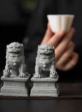 新中式石头石雕狮子一对青砂石中国风创意鱼缸盆景造景装饰品摆件