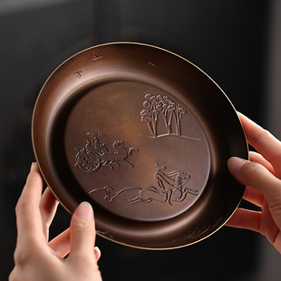手工复古铜壶承壶垫干泡台茶承 做旧圆形储水托盘茶台壶托小茶盘