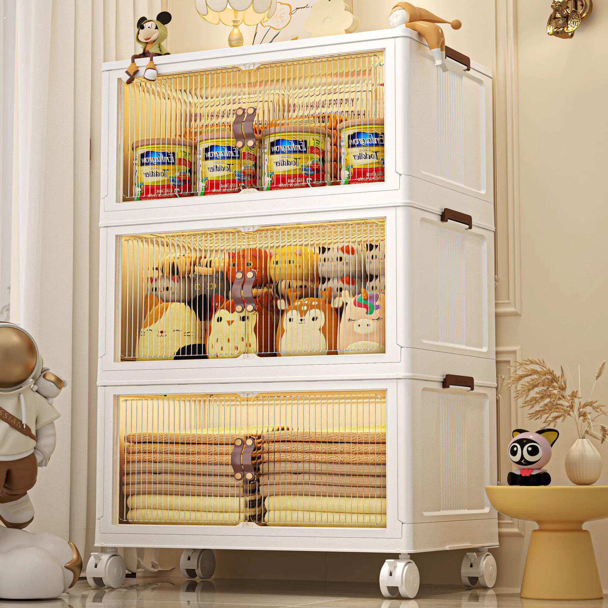摺叠收纳箱家用落地收纳柜子免安装透明收纳柜带轮多层置物架通用