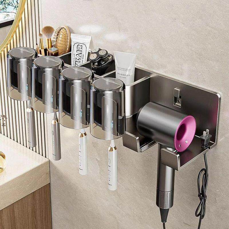 厂家供应牙刷架置物架免打孔漱口杯吹风机一体化妆室壁挂置物架