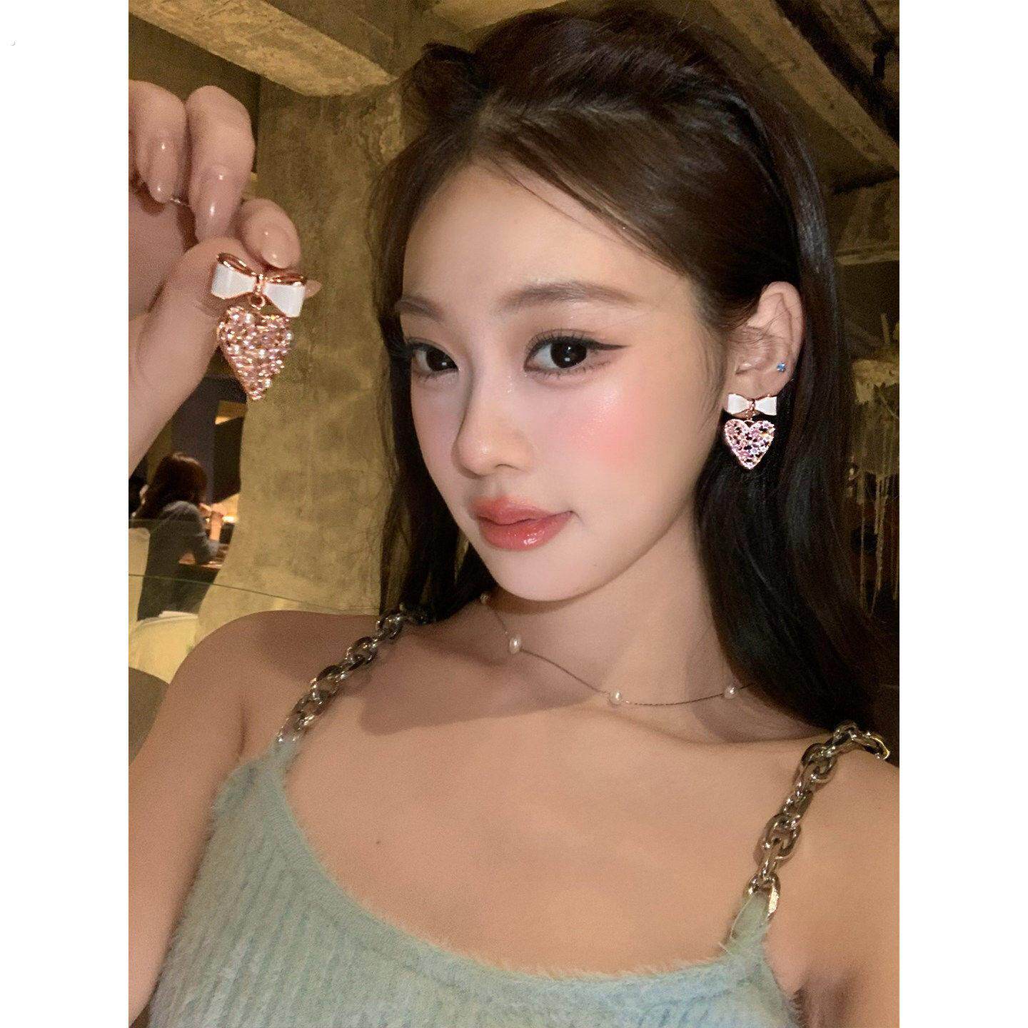 心动讯号 闪钻蝴蝶结爱心耳环粉色桃心耳钉气质甜美耳坠心型耳饰
