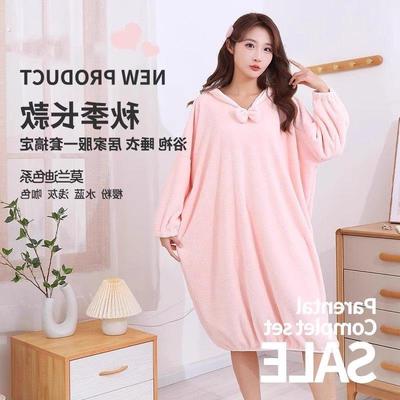 秋冬浴袍可穿浴巾女家用珊瑚绒吸水柔软速干浴裙洗澡睡袍睡衣连帽