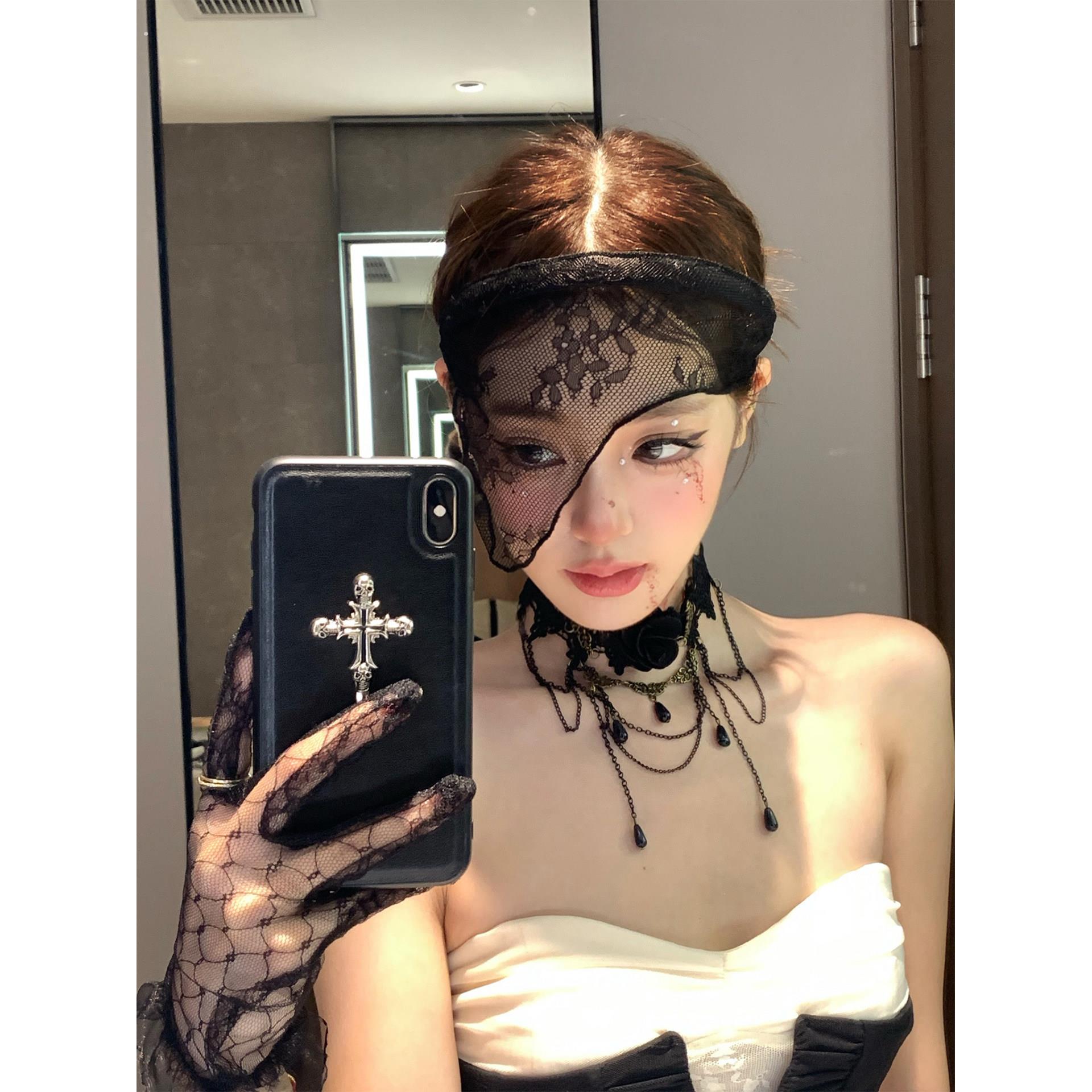 定制版!谜语女士黑色蕾丝面纱发箍万圣节晚会cos装扮发饰拍照道具