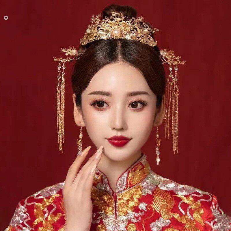 秀禾服新娘中式婚礼简单大气秀禾头饰发簪流苏订婚发饰古装凤冠女