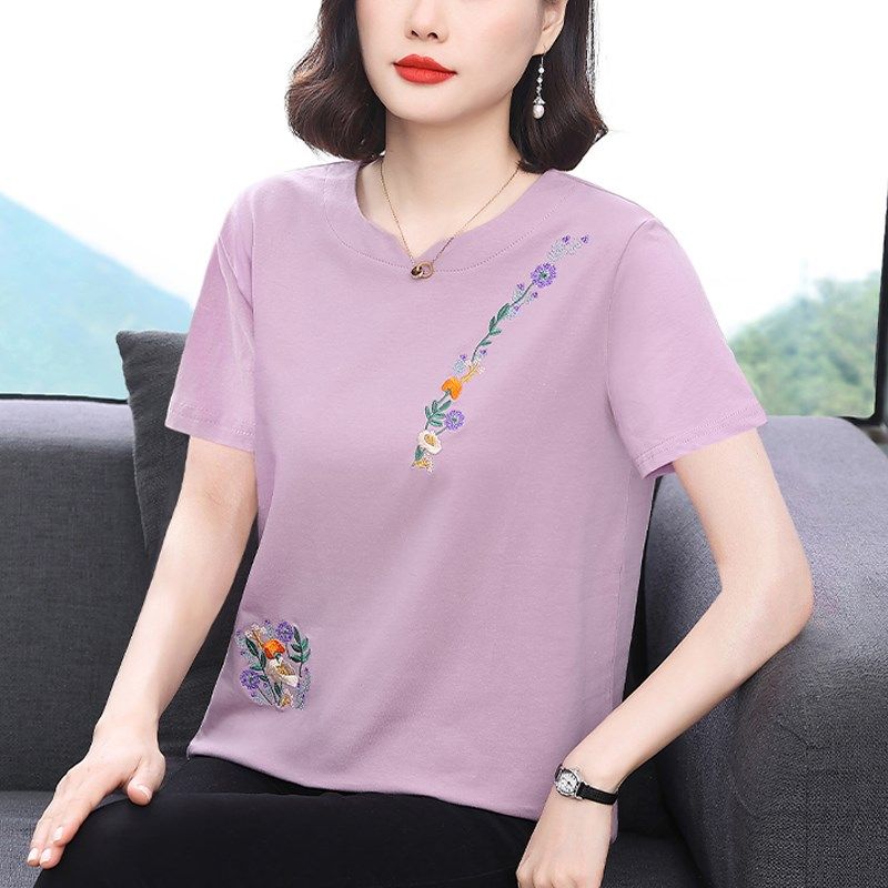 纯棉短袖t恤女妈妈夏装2024新款中老年宽松上衣大码时尚洋气小衫