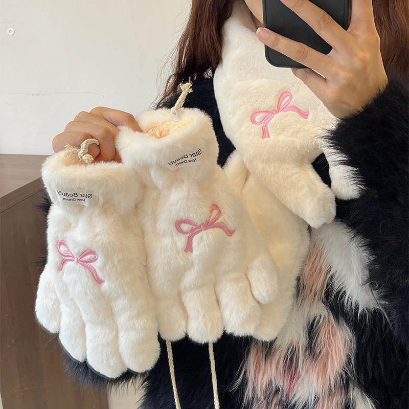 日系可爱蝴蝶结毛绒围脖套装女冬季加厚保暖防寒围巾挂脖五指手套