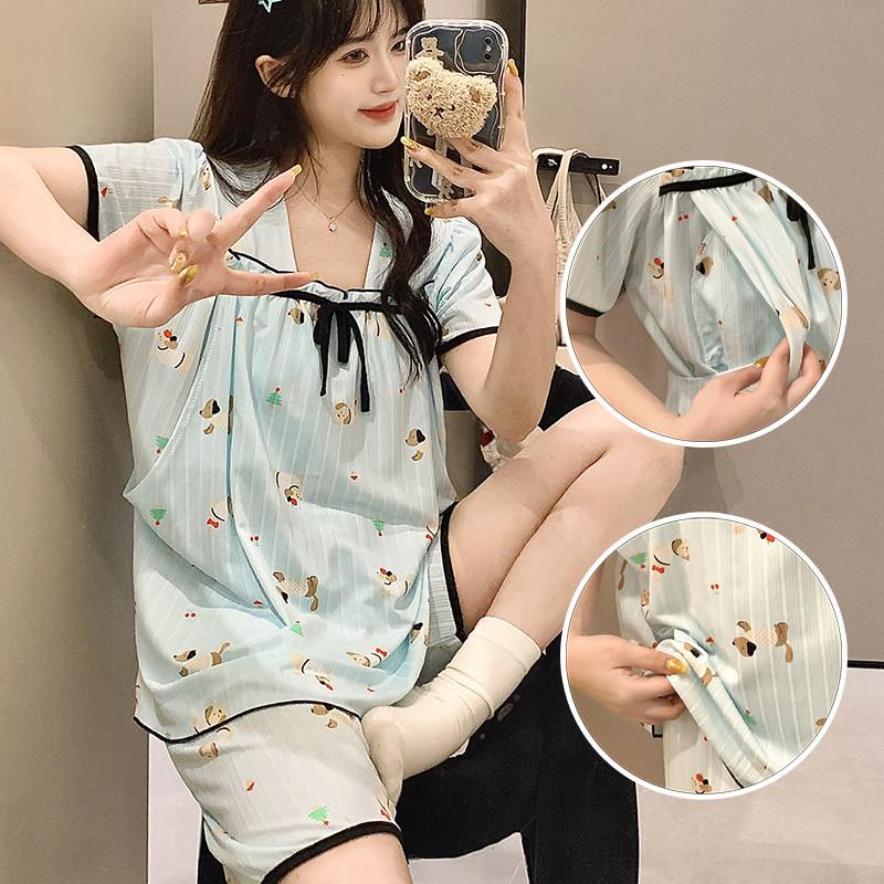 夏天薄款短袖产后哺乳睡衣套装带胸垫孕妇家居服喂奶月子服7月份8
