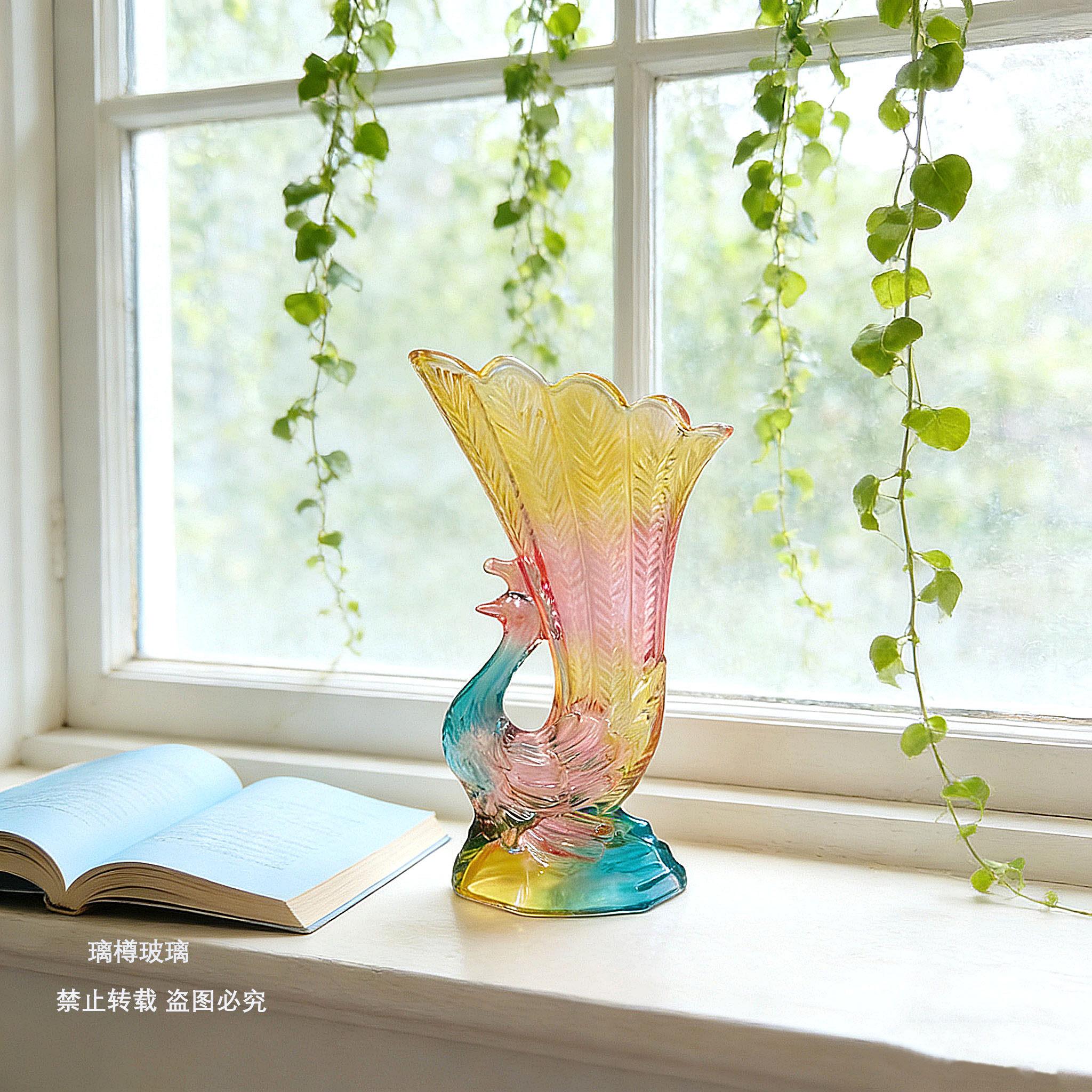 轻奢高级玻璃孔雀造型花瓶渐变色家居装饰新中式乔迁生日送礼优选