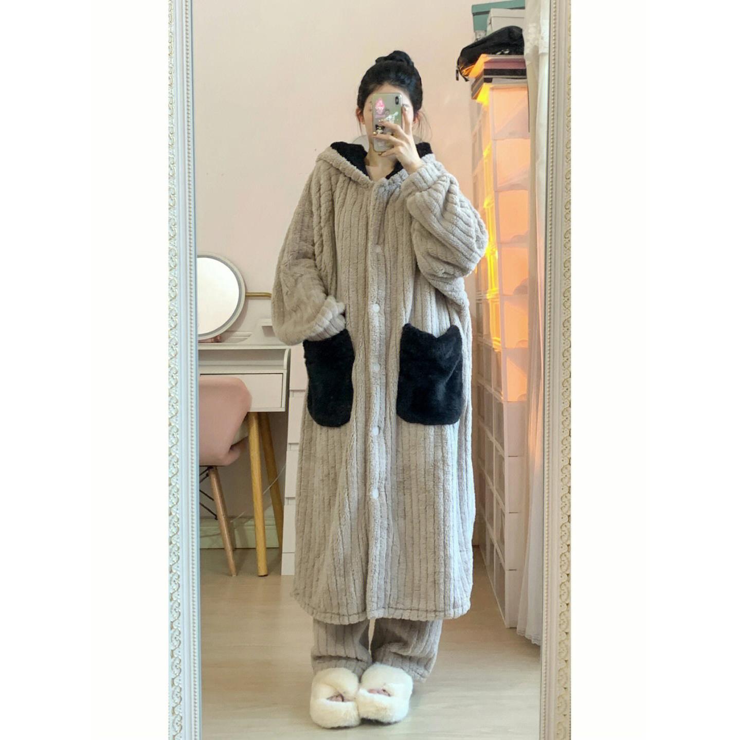 珊瑚绒睡袍女冬款长版加厚加绒睡衣冬季2025新款家居服套装秋冬天