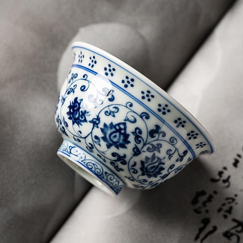 永乐青花压手杯缠枝莲彷古中式个人精致茶杯陶瓷单杯主人杯男