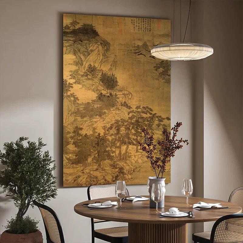 松岩仙馆图》宋式美学中式古典装饰画客厅背景墙玄关竖版挂画古画